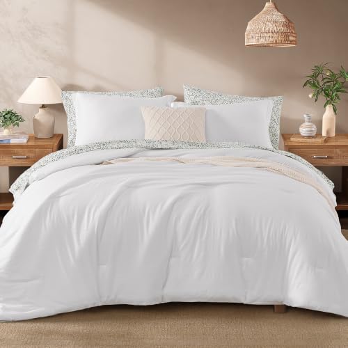 Image of Monbix Full Size Comforter Sets-7 Pieces Soft Bed in a Bag Full Bedding Set | All Season White Prewashed Comforter Bed Set with Striped Sheets, Pillowcases & Shams