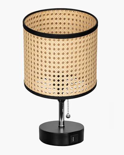 Image of Homesake Bedside Lamp for Bedroom Nightstand Table Light with USB A | C Charging Port, Desk Lamp, Pull Chain Light, Side Table Desk Reading Lamp, Living Room Gift, (Rattan Cane Cylinder)