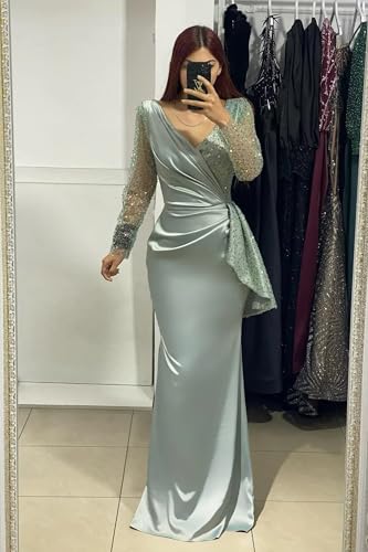 Satin Prom Dress for Women Sparkly Sequin Long Sleeves Mermaid V Neck Formal Evening Party Gowns4