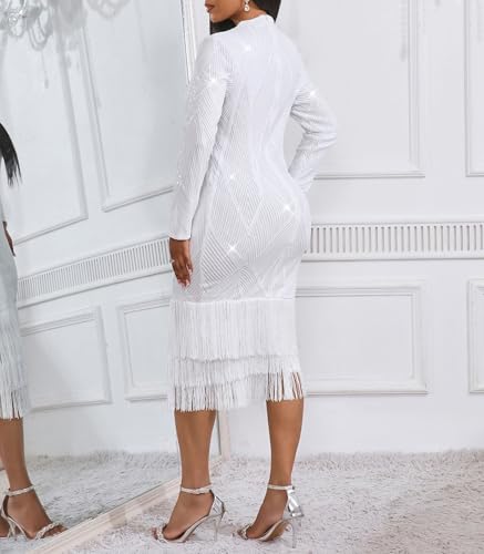 Image of Cololura Sexy Elegant Women Sequin Long Sleeve Tassel Bodycon Midi Dress Party Evening Gown Formal Dress