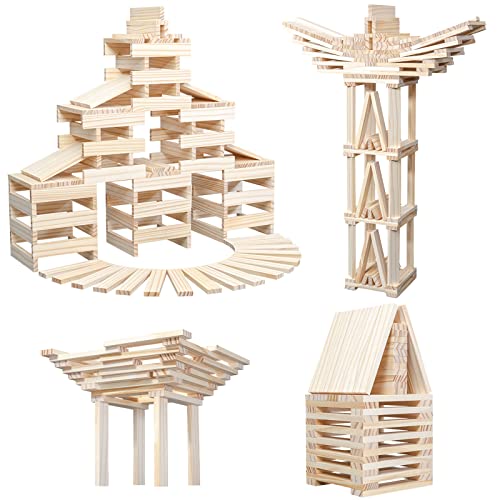 NiToy 200 Stück Holzbausteine, Kreative Montessori STEM Bauklötze aus Natur Kiefernholz, Sensorisches Spielzeug für Kinder, Bildungs-Lernspielzeug ab 1 Jahr, 3D Raumstapelspiele für Jungen und Mädchen