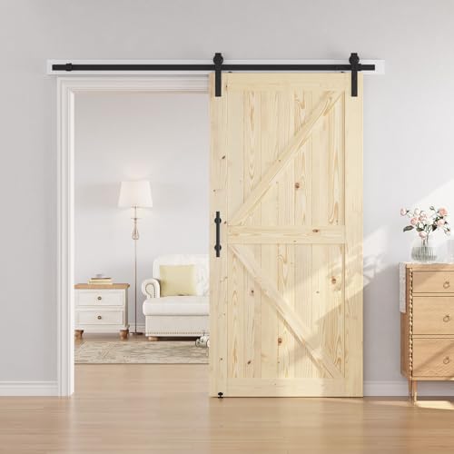 Image of SMARTSTANDARD 42in x 84in Sliding Barn Door with 7ft Barn Door Hardware Kit Included, Unfinished Solid Spruce Wood Door, Assembly Required, DIY, Stainable, Natural