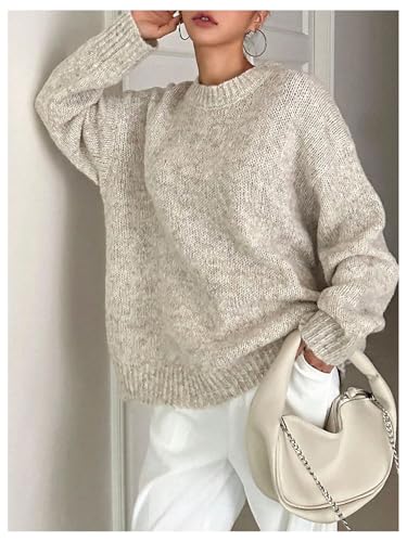 Image of RoseSeek Women's Oversized Crewneck Sweaters Drop Shoulder Long Sleeve Knit Tops Fall Pullovers Apricot Large