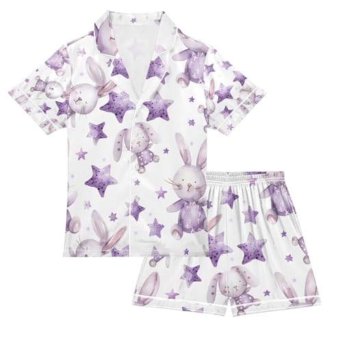 senya Watercolor Rabbit Star Satin Summer Pajama Sets Silk Short Sleeve Button Down Sleepwear