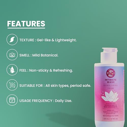 Image of Yu n Me Dryness Control Intimate Wash for Women | 200ml Feminine Hygiene Cleanser | Lotus & Rose Geranium Extracts | pH Balanced Vaginal Dryness Relief | Dermatologically Tested | Paraben & Sulfate Free | PO1