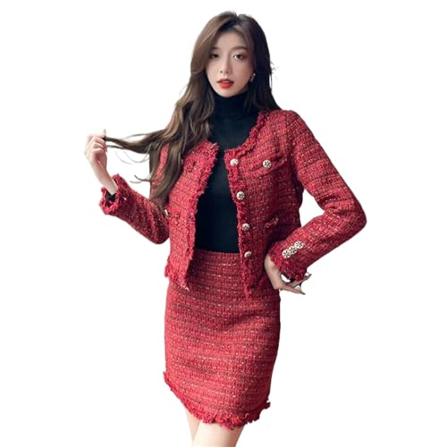 Manteau taille haute jupe courte ensembles : le tailleur tweed rouge vintage qui sublime la femme
