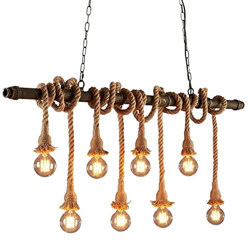 Chandelier 8 lumières E27 en corde de chanvre rétro style industriel pour café et bar