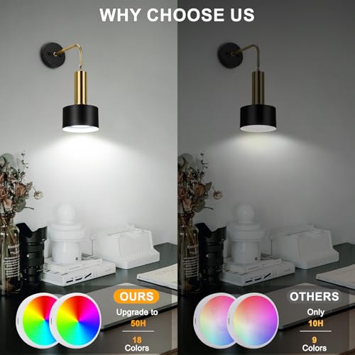 2 Pack Battery Operated Wall Lights Rechargeable Wall Sconces Battery Powered Dimmable Wall Light RGB 18 Colors Timing Battery USB Wall Lamp with Remote Control for Bedroom Living Room-Black