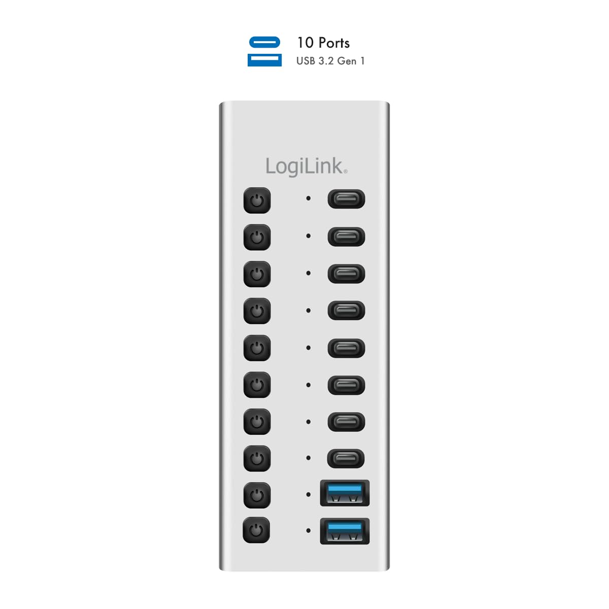 LogiLink UA0448 - Hub USB 3.2 Gen1 con 10 Puertos y Cable/Adaptador, USB Tipo A y USB Tipo C, Interruptor de Encendido/Apagado, Aluminio