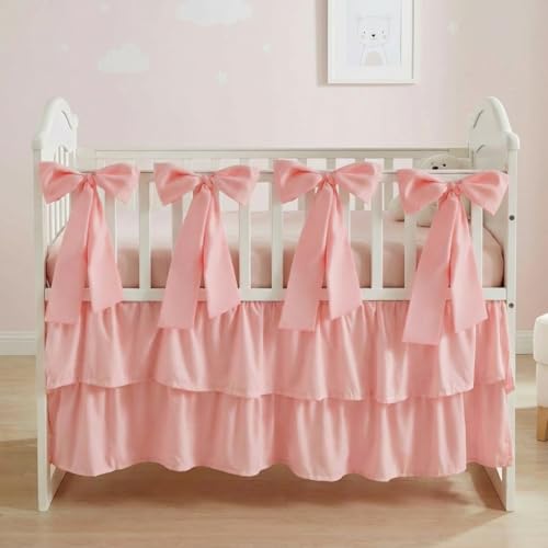 Image of Smoothnovelty Pink Crib Bed Skirts with 4 Large Cot Bow 28 inch x 52 inch, 14 inch Drop