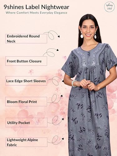 Image of 9shines Label Stylish Alpine Nighty Maxi for Women | Full Length Trendy Nightgown | Premium Nightdress | Nightwear | Embroidery Nighty with Pockets (2892)