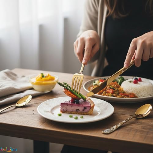 Image of Floral Gold 20 Pcs Stainless Steel Cutlery Set for Dining Table, Dishwasher Safe Glossy Flatware (4 Spoon Set+4 Forks Set+4 Butter Knife+4 Dessert Spoon+ 4 FruitFork)