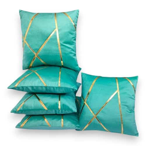 Image of Zikrak Besur Gold Stripe On Velvet|Pack of 5 Cushion Cover|for Home Decoration|Living Room Decor|Hotel Premeuim Qulaity Cushion Cover|Exclusive ON Amazon (Aqua, 20 X 20 INCH(50 X 50 CM))