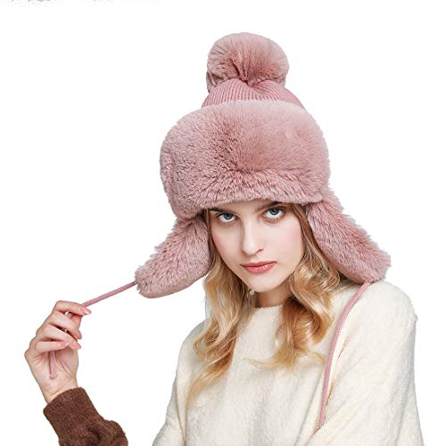 Inblossoms Bomber Hat For Women Winter Warm Knitted Hats With Ear Flap Faux Rabbit Fur Beanie With Pom Pom Pink #TOP5