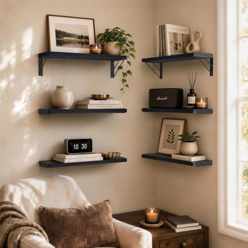 Image of BAYKA Wall Mounted Floating Bathroom Shelves, Black, 6-Set, Same Size | Wood Wall Shelf for Bathroom Essentials & Decor, Space-Saving Display & Organizer
