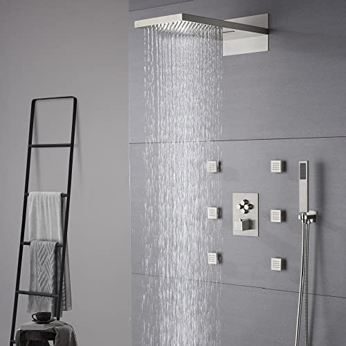 Sistema de Ducha Rectangular Cascada 9"x22” con Mango Único y 4 Botones, 4 Funciones (Lluvia, Cascada, Jets de Cuerpo y Ducha de Mano) Acabado Níquel Cepillado miniatura 2