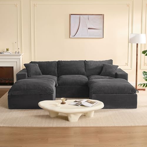 EJC 106.3” Sectional Couches for Living Room, Set of Cloud Couch, Modular Sectional Sofa, Convertible Sofas Bed, Deep Seat Sofa, U Shaped Cozy Sofa Furniture Set, Corduroy, Gray