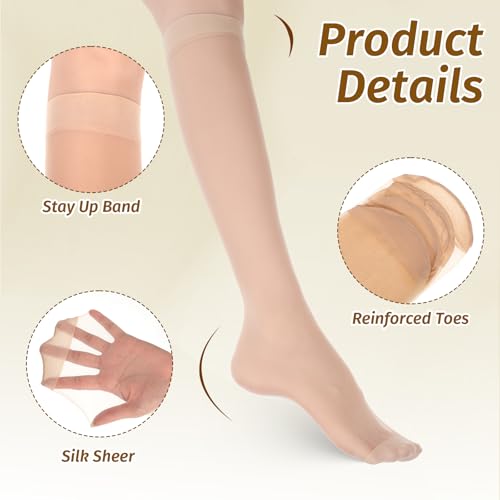 6 Pairs Knee High Pantyhose for Women, Nylon Knee High Stockings for Women Nude Trouser Socks for Work Uniform Dress Short Skirt, Formal or Daily Wear3