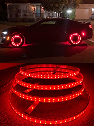 Sando Tech 15.5'' Pure RED DOUBLE ROW LED Wheel Lights Solid Color IP68 Waterproof Brightest Wheel Ring Lights Rim Lights Tire Lights Strobe Function Switch Ctrl Light Up for Car Truck Offroad