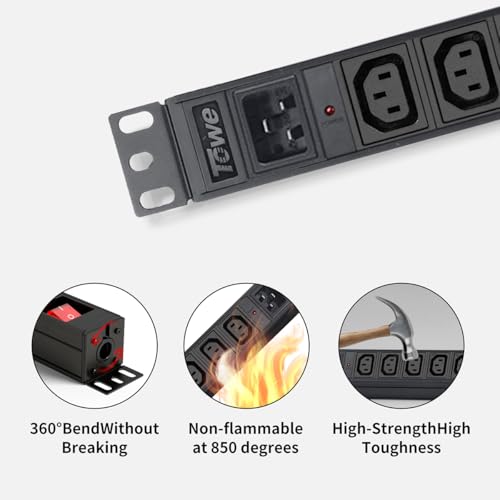 Towe Power Strip 8 tomas IEC C13 PDU metálica con tomacorriente incorporado C20, 16A 250V 4000W para rack de servidores y centros de datos miniatura 4