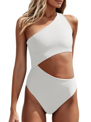 Women's One Piece Ribbed Swimsuit One Shoulder Cutout Swimwear Sexy Bathing Suit