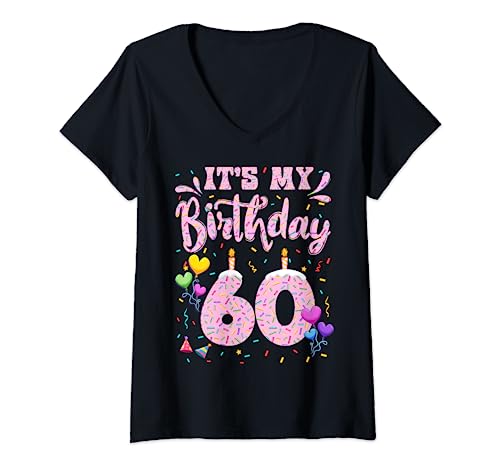 Womens It's My 60th Birthday Girl Doughnut Happy 60 Years Old Lady V-Neck T-Shirt