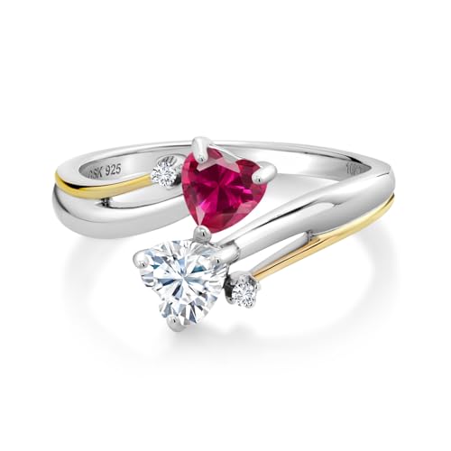 925 Silver and 10K Yellow Gold Gemstone Birthstone White Moissanite and Accent Lab Grown Diamond 2-Heart Promise Ring | Heart Shape 5MM | Round 1.3MM | Two-Tone Couple Engagement Mother Ring3