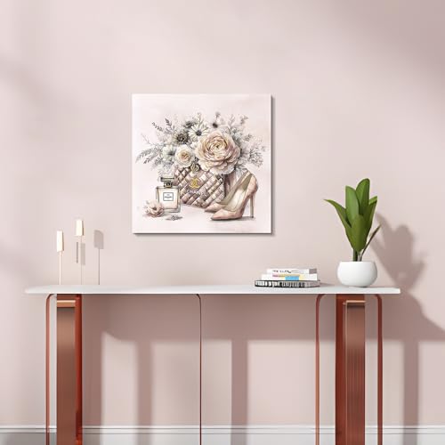 Image of cozy country Chanel-Inspired Canvas Wall Art - 20x20 Inches Luxury Fashion Artwork Print, Featuring Perfume, Handbags, High Heels & Flowers, Perfect for Bathroom & Women's Room Decor