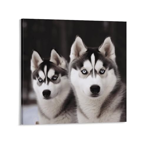 8x8 Inch Framed Canvas Wall Art, Husky Dog Print with Solid Wood Frame, Hooks Included, Wall Decor for Living Room Bedroom Bathroom