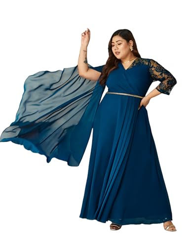 Image of Miss Chase A+ Women's Floral Printed Relaxed Fit V -Neck 3 /4Th Sleeve Georgette Maxi Dress