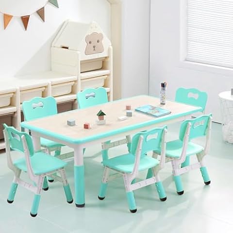 Kids Table and 6 Chairs Set, Height Adjustable Toddler Table and 6 Chair Set for Ages 2-10 for for Crafts and Study, Graffiti Desktop, Non-Slip Legs, Children Activity Table for Daycare, Classroom Cover