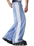 Mens Baggy Jeans Wide Leg, Black Skater Striped Jnco Y2k Denim Pants Oversized Streetwear, Blue Y2k Clothes with Design, Blue,L