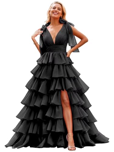 Image of TORYEMY Tiered Tulle Prom Dress Long Ball Gown Deep V Neck Formal Evening Dresses with Slit Ruched for Women