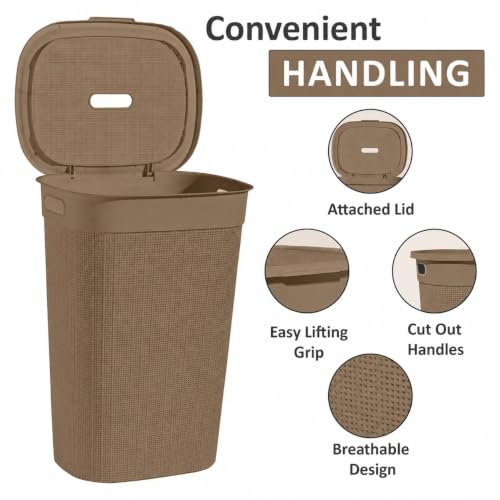 Image of KITCHIVO Plastic Large 55 Ltr Laundry Basket with Lid & Handle | Multipurpose Hamper Bins Storing Washable Clothes, Blankets | Household Ideal for Home & Bathroom (Woods Light Brown)