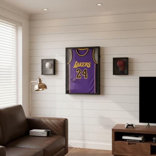 Image of Large Lockable Jersey Frame Display Case Wall Mount, T-Shirt Shadow Box with Clear UV-Protective Acrylic, Hangers Linen Backing for Football, Basketball, Baseball