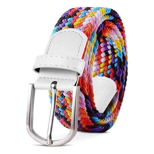 TANGCHAO Stoffgürtel Stretchgürtel Elastik Flechtgürtel Geflochtener und Elastischer Dehnbarer Gürtel für Damen und Herren Breite 3.3cm Regenbogen 120cm
