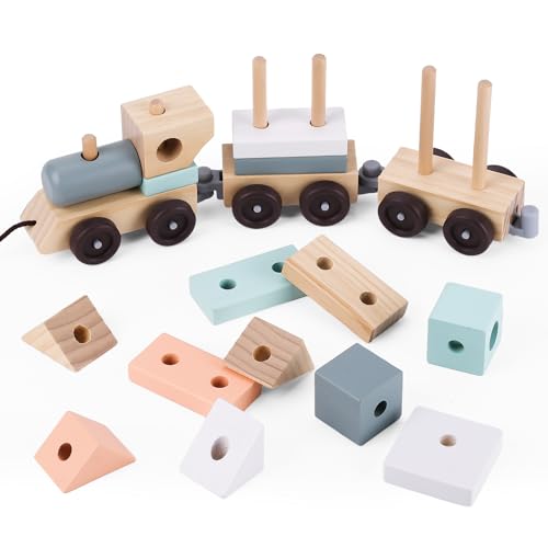 Image of umu Stacking Train - Classic Wooden Toy (17 pcs) - Train Set, Wooden Sorting & Stacking Toys for Toddlers Ages 2+ Years Old, Multi-Colored