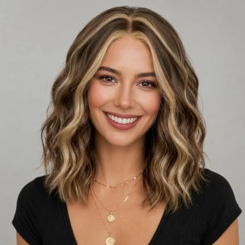 Image of Eawwii Wigs for Women Caramel Brown,Short Wavy Synthetic Lace Wig