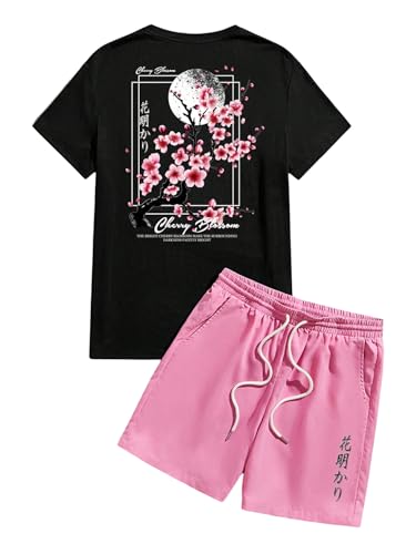 GORGLITTER Men's Two Piece Sets Janpanese Graphic Tee and Shorts Set Vacation Outfits