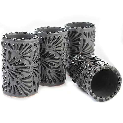 Image of Talavera Shot Glasses Set of 4 Authentic Mexican Tequila Shot Glasses - Hand-painted - 2 Oz (Black Brushstroke Gray Background)