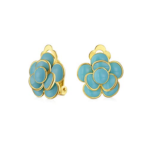 Pink Red Enamel Flower Crystal Edge Spring Retro Floral Rose Clip On Earrings For Women Non Pierced Ears 14K Gold Plated
