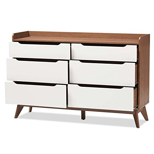Baxton Studio Brighton 6-Drawer Storage Dresser Mid-Century/White/Walnut Brown/Particle Board/Mdf With Pu Paper/ #TOP2