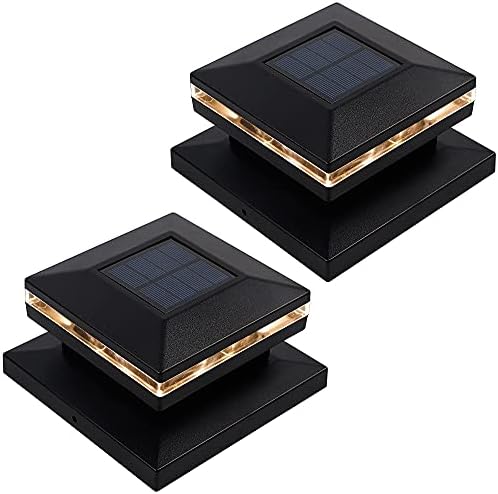 MAGGIFT 15 Lumen Solar Post Lights, Outdoor Post Cap Light for Fence Deck or Patio, Solar Powered Caps, Warm White LED Lighting, Lamp Fits 4x4 or 6x6 Wooden Posts (2 Pack, Black)
