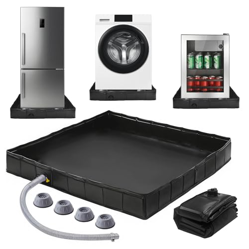 Foldable Washing Machine Drain Pan with Drain Pipe & 4 Anti-Vibration Pads, 31.5x31.5x4.7 Inch Portable Leak Proof Tray for Washer/Dryer, Non-Slip Waterproof Drip Pan with Raised Edge