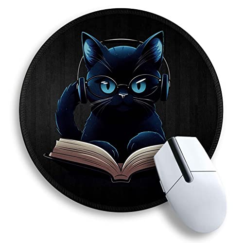 Image of Cat Round Mouse Pad, Cute Small Mouse Pad for Desk, Funny Black Mousepad,Stitched Edge Non-Slip Rubber Base, Personalized Computer Mouse Pads for Wireless Mouse,Office Decor Desk Accessories