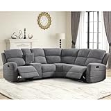EBELLO Fabric L-Shaped Reclining Sectional Sofa Couch for Living Room, Manual Recliner Oversized Sofa, with Padded Headrest, 2 Cup Holders, Storage Space, 5-Seater Home Furniture Set, Grey