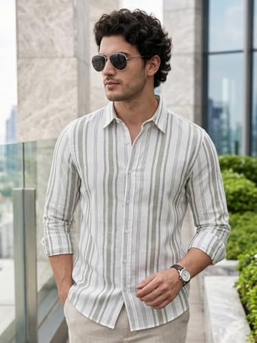 Image of Urbano Fashion Men's Cotton Full Sleeve Relaxed Fit Linen Striped Shirt with Spread Collar