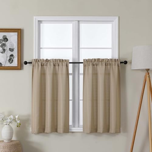 Lecloud Bessie 36 Inch Kithen Curtains 2 Panels Set Camel Faux Linen Textured Elegant Window Drapes Burlap Short Window Curtain Tiers for Cafe Bedroom Bathroom Basement Each 30 W x 36 L