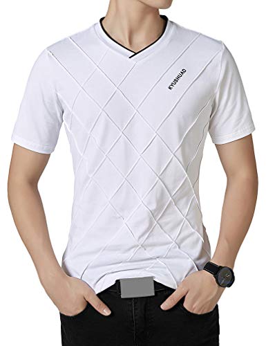 FRTCV Mens Casual V-Neck Slim Muscle Tops Tee Short Sleeve T- Shirts White 801 US S/Asian XL