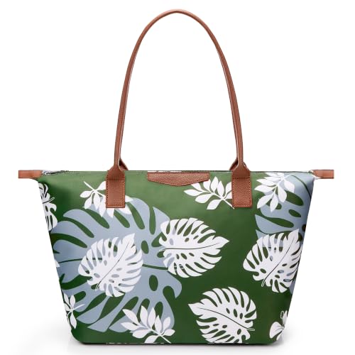 Image of Tote Bag for Women, Casual Hobo Foldable Shoulder Zipper Handbag | Water Repellent Nylon with Leather Handles Fit 15 inch Laptop for Work Weekender Travel Commute
